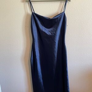 Elegant Satin Navy Cowlneck Midi Dress Size M